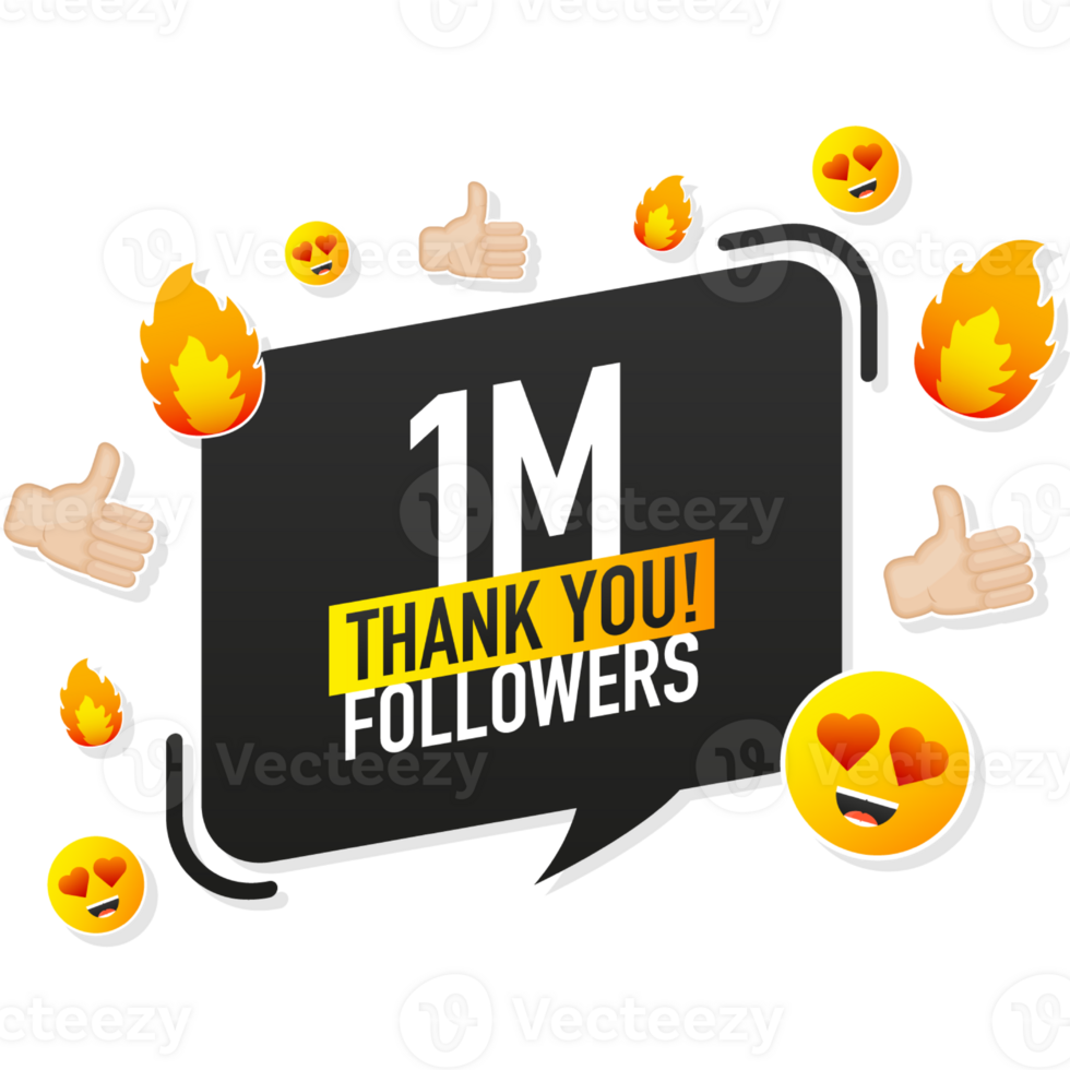 Thank you 1000000 followers on yellow background. White background. design. Flat design. Social media png