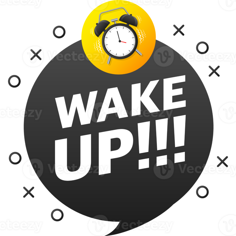 Classic alarm with wake up sign, great design for any purposes. Flat cartoon illustration. Sale illustration png