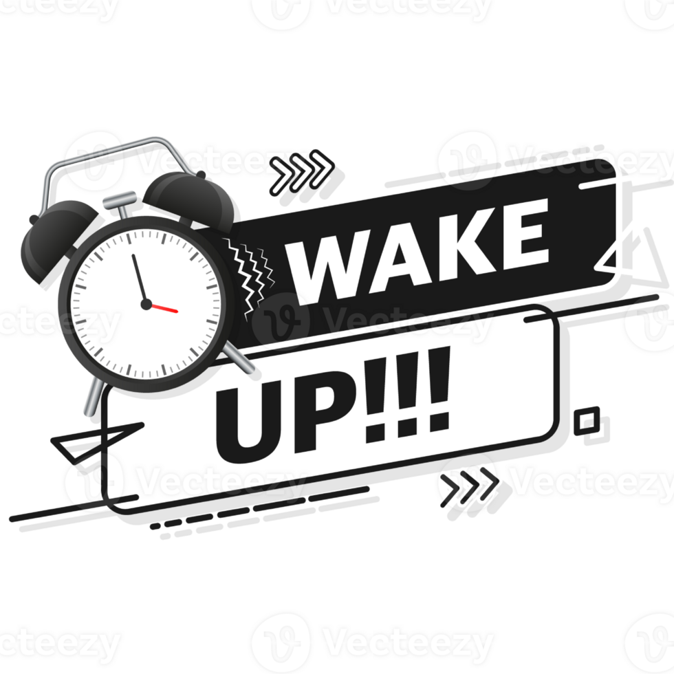 Classic alarm with wake up sign, great design for any purposes. Flat cartoon illustration. Sale illustration png