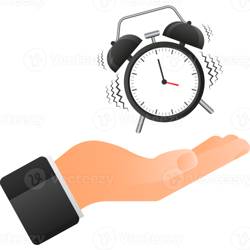 Classic alarm with hand, great design for any purposes. Flat cartoon illustration. Sale illustration png
