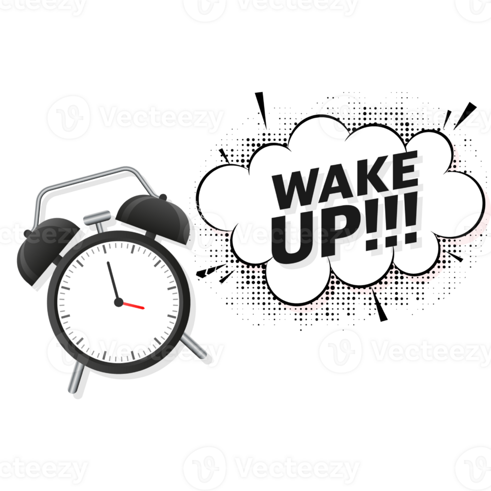 Classic alarm with wake up sign, great design for any purposes. Flat cartoon illustration. Sale illustration png