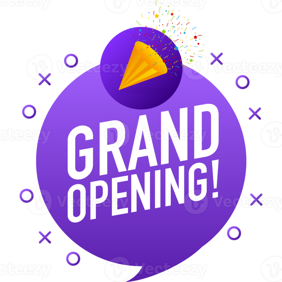 Grand opening purple banner in flat style on white background. illustration png