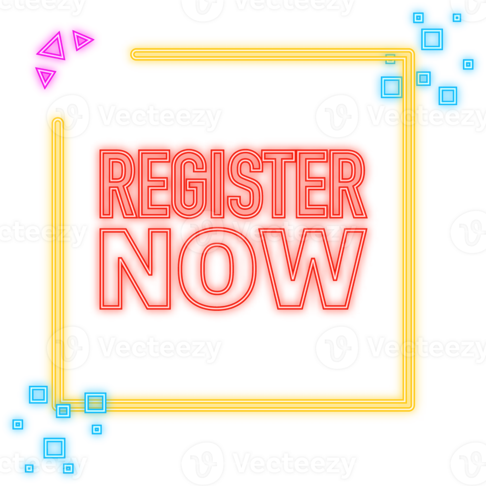 Red register now label in modern style on white background. Banner promotion. Click button. Sticker design png