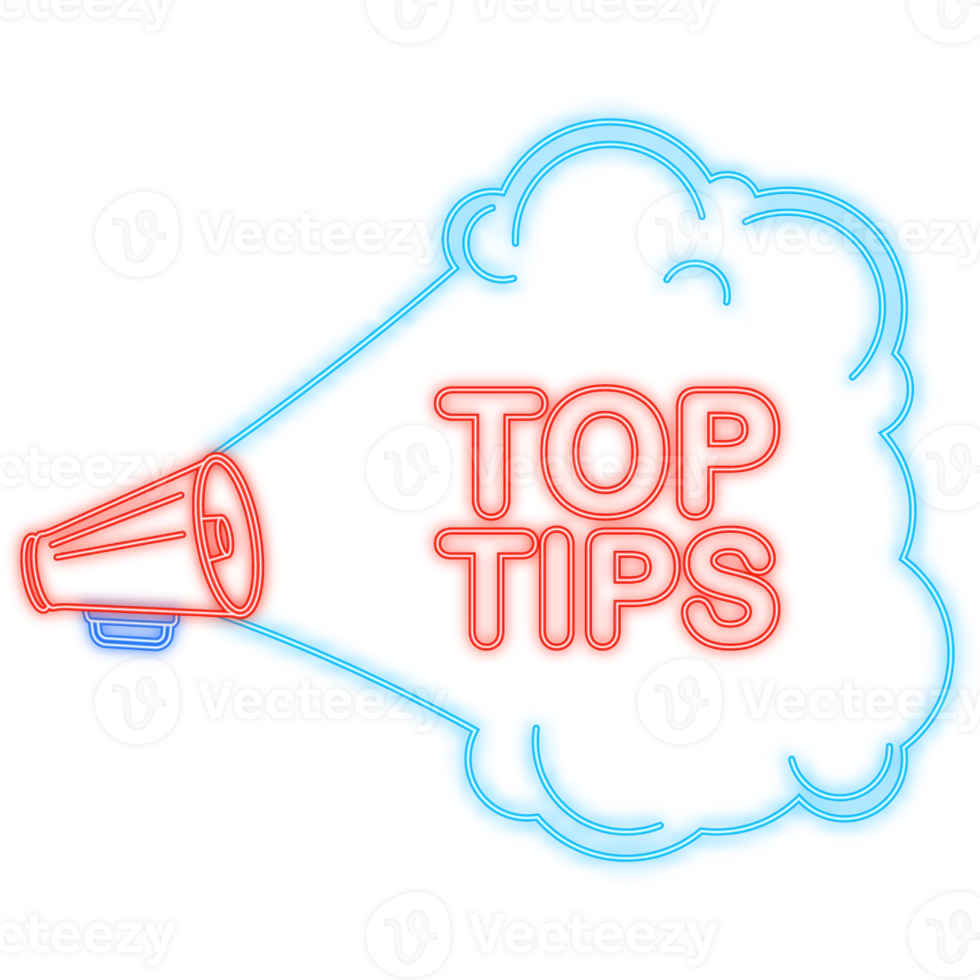 Top tips megaphone yellow banner in 3D style on white background. illustration png