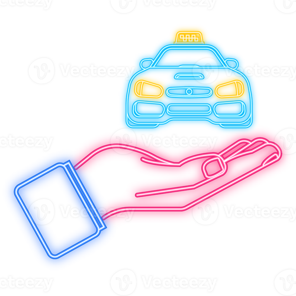 Neon Icon. 3d character taxi on light background. Cartoon yellow icon on black background. Business icon. Business concept. png