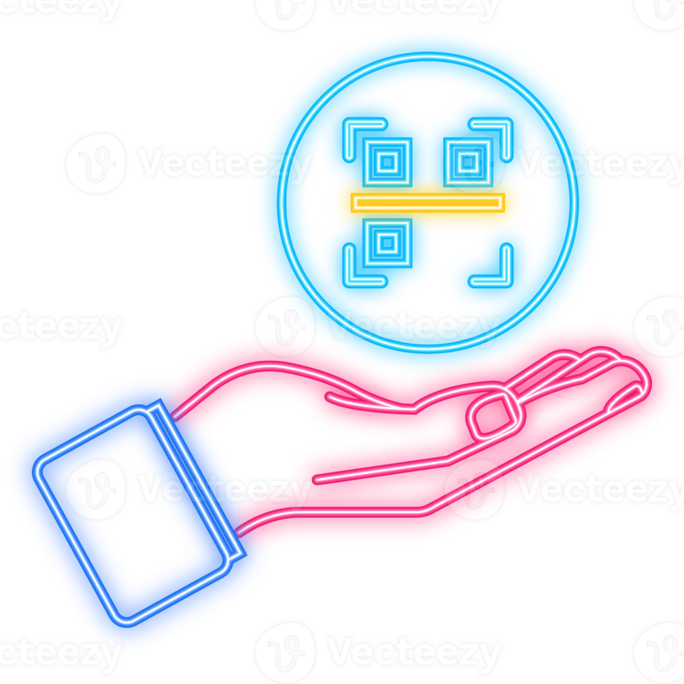 Neon Icon. Hand holds qr code to pay on screen. Phone on green background. illustration. png