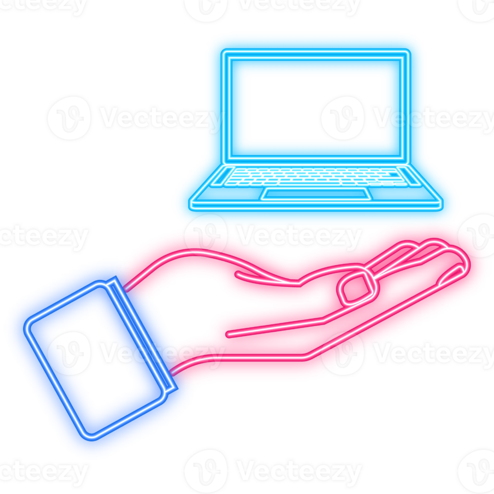 Neon Icon. Flat mock up laptop in hand for web site design. Awesome mock up laptop, great design for any purposes. png
