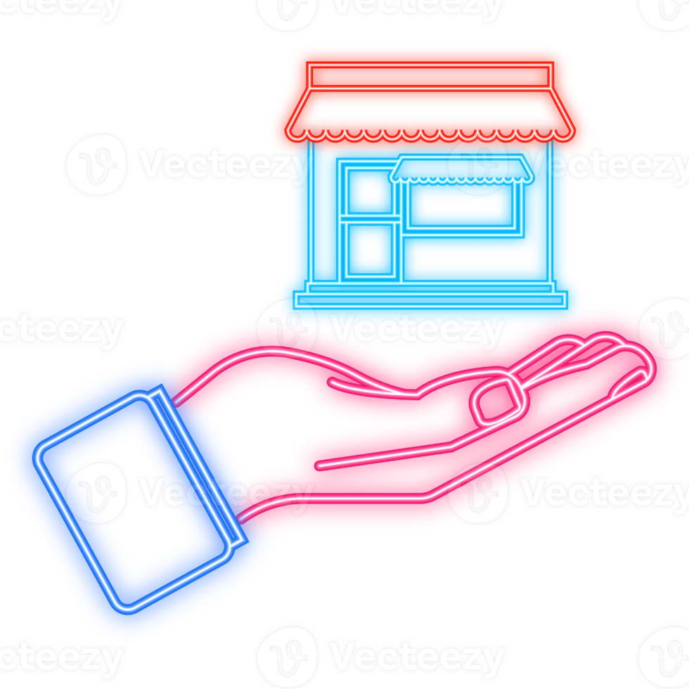 Neon Icon. Online store in hand, great design for any purposes. Isolated illustration. Pharmacy graphic. Online shop. png