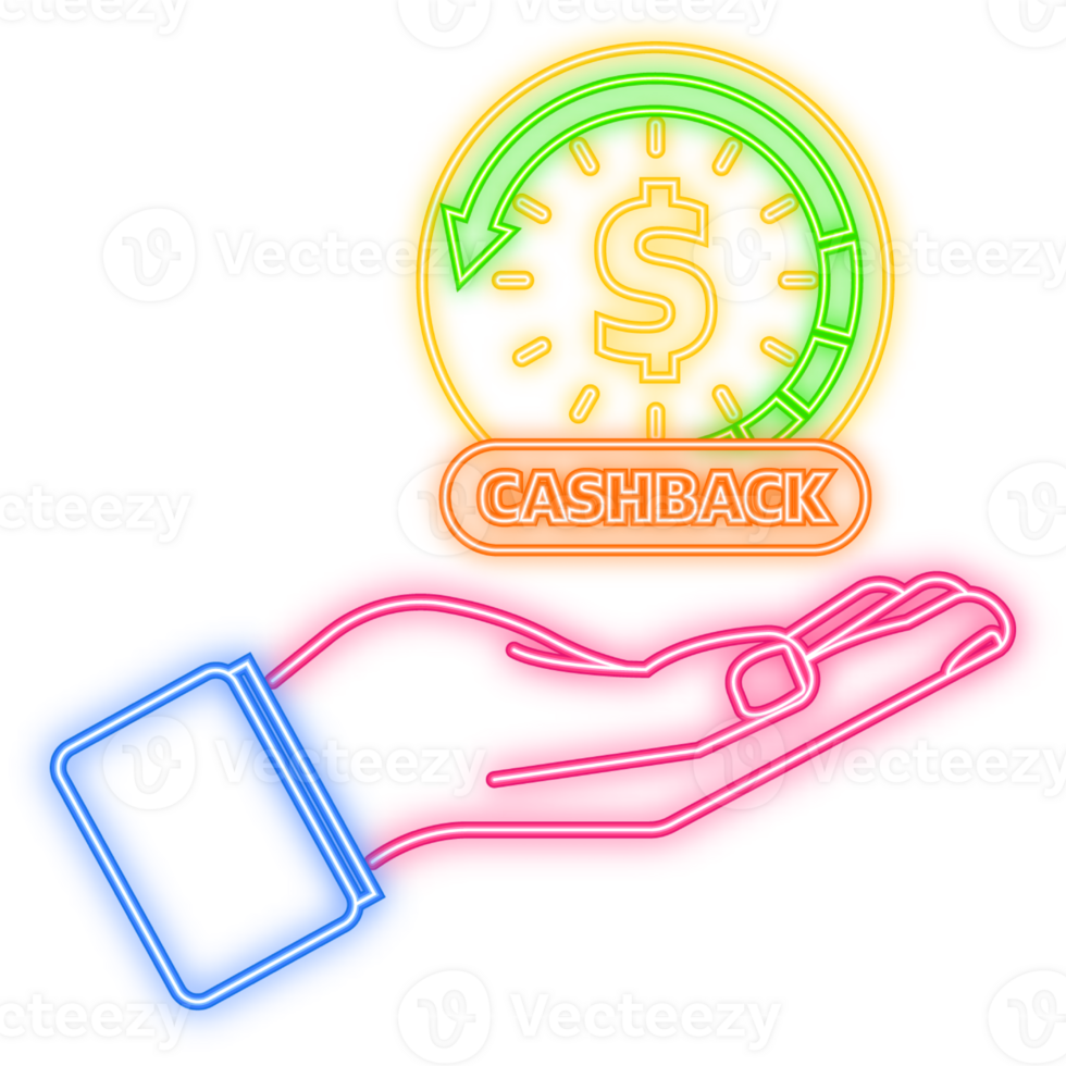 Neon Icon. Cartoon icon with cashback in hand. Editable illustration. Fast money concept. Editable stroke. png