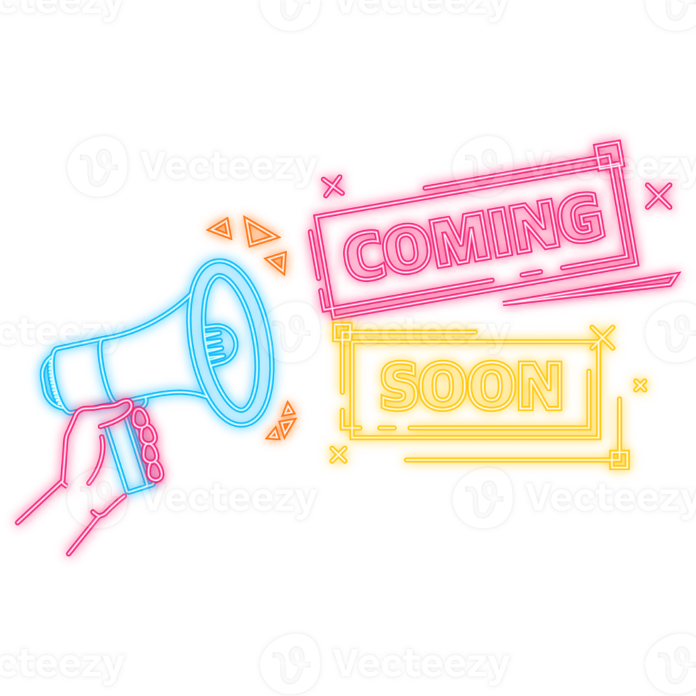 Neon Icon. Coming soon megaphone yellow banner in 3D style on white background. illustration png