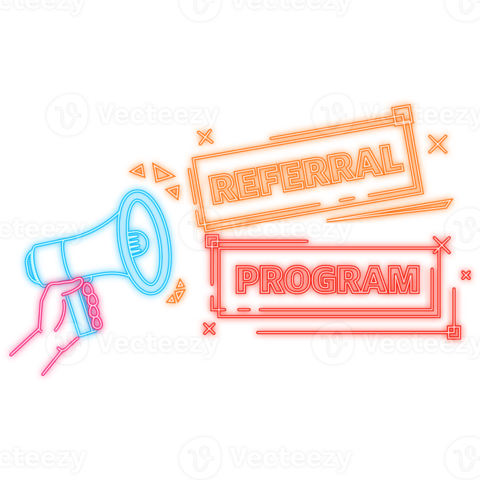 Neon Icon. Referral program megaphone yellow banner in flat style. illustration png