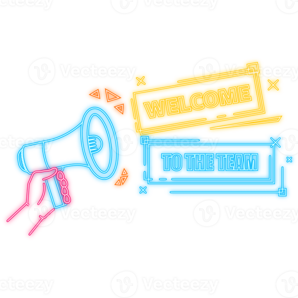 Neon Icon. Megaphone blue banner with welcome to the team sign. illustration. png