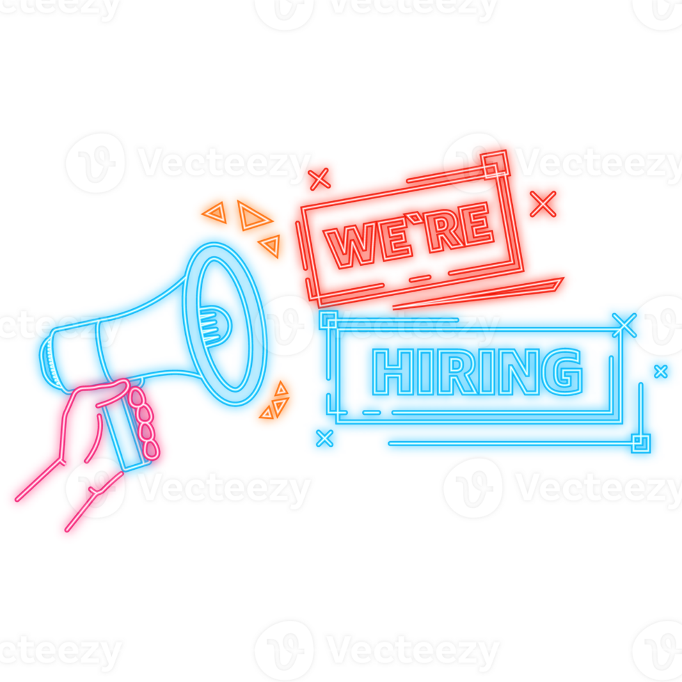 Neon Icon. Hand holding megaphone with We re hiring png