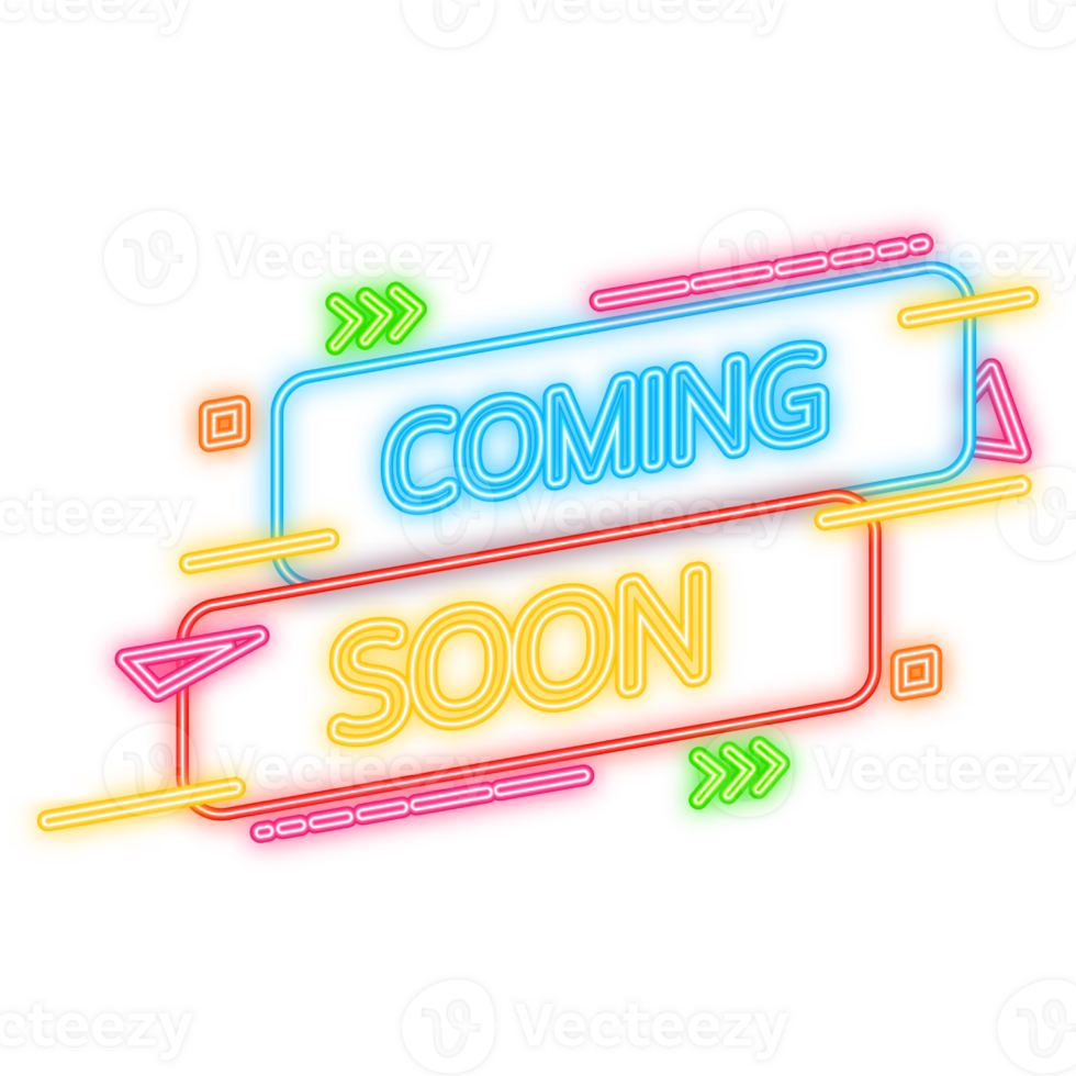 Coming soon banner in neon style on dark background. illustration png
