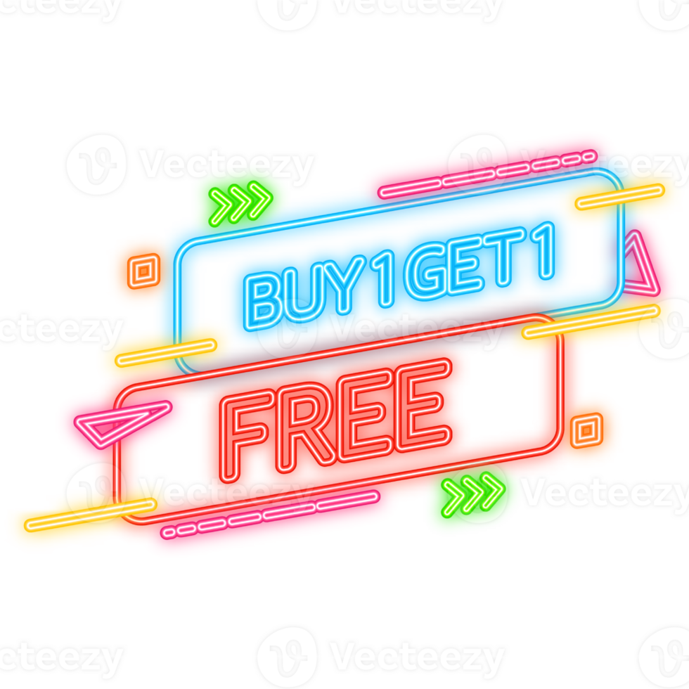 Buy 1 Get 1 Free, sale tag, banner design template, app icon. Neon style. illustration png