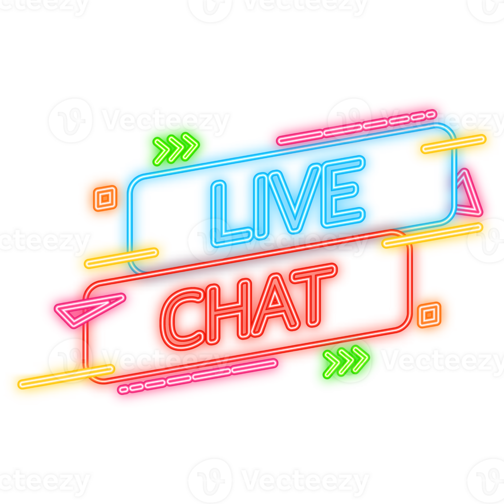 Live chat in neon style. Online support call center. Customer service. Client comment. Live button. png