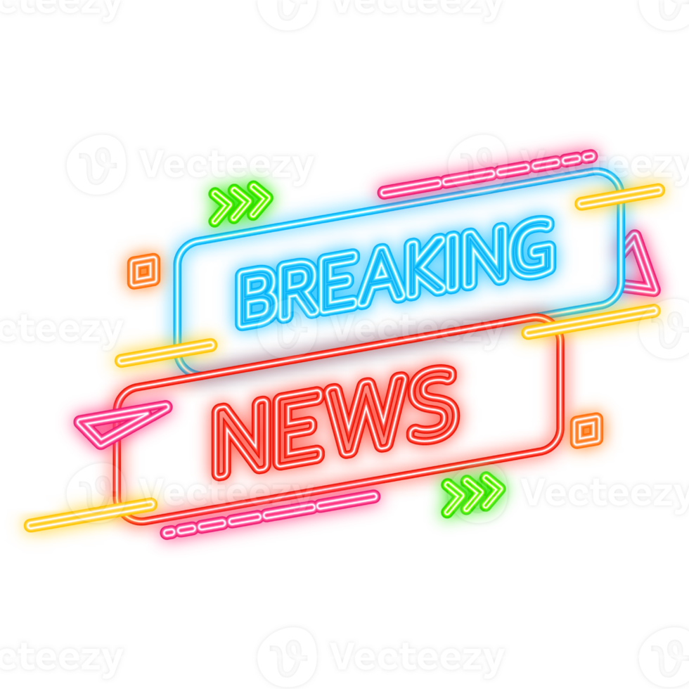Breaking news banner isolated on dark background. Neon banner design template. illustration png