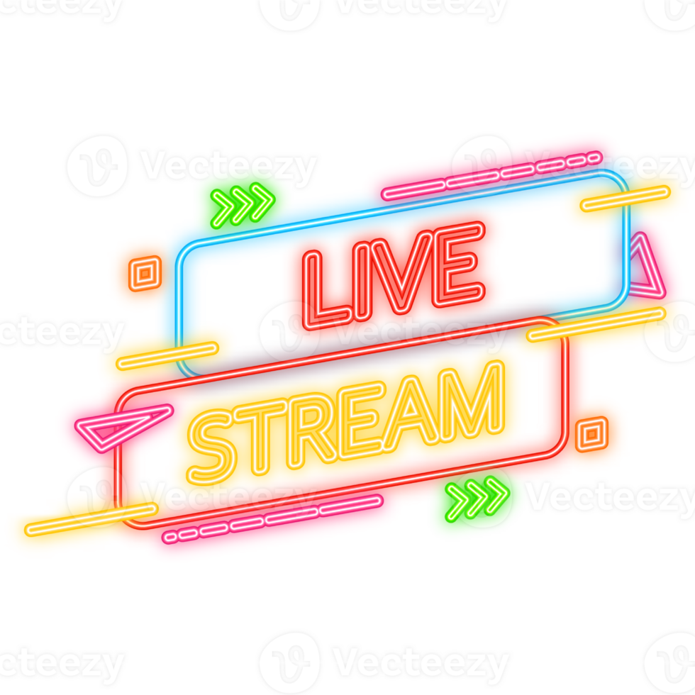 Neon Icon. Live stream logo red design element with play button for news and TV or online broadcasting. png