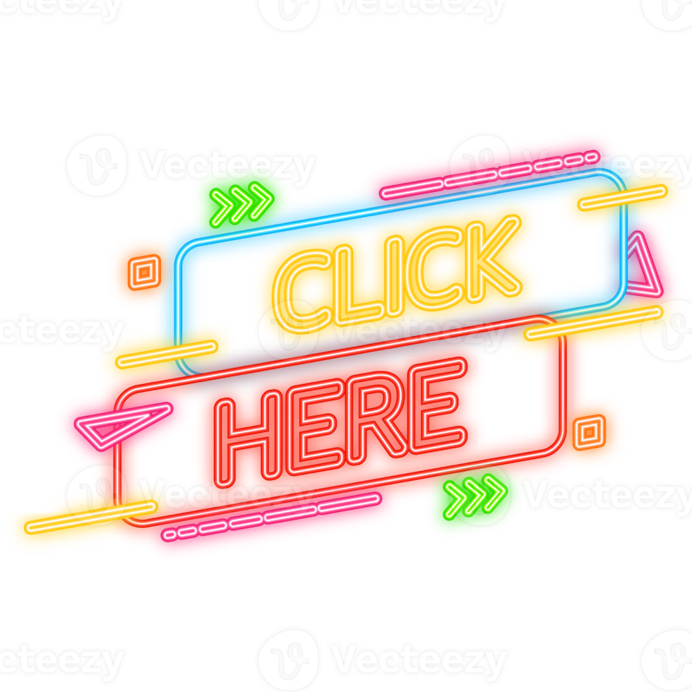 Neon Icon with click here banner for web marketing design. Flat deign. Social media element. illustration. png