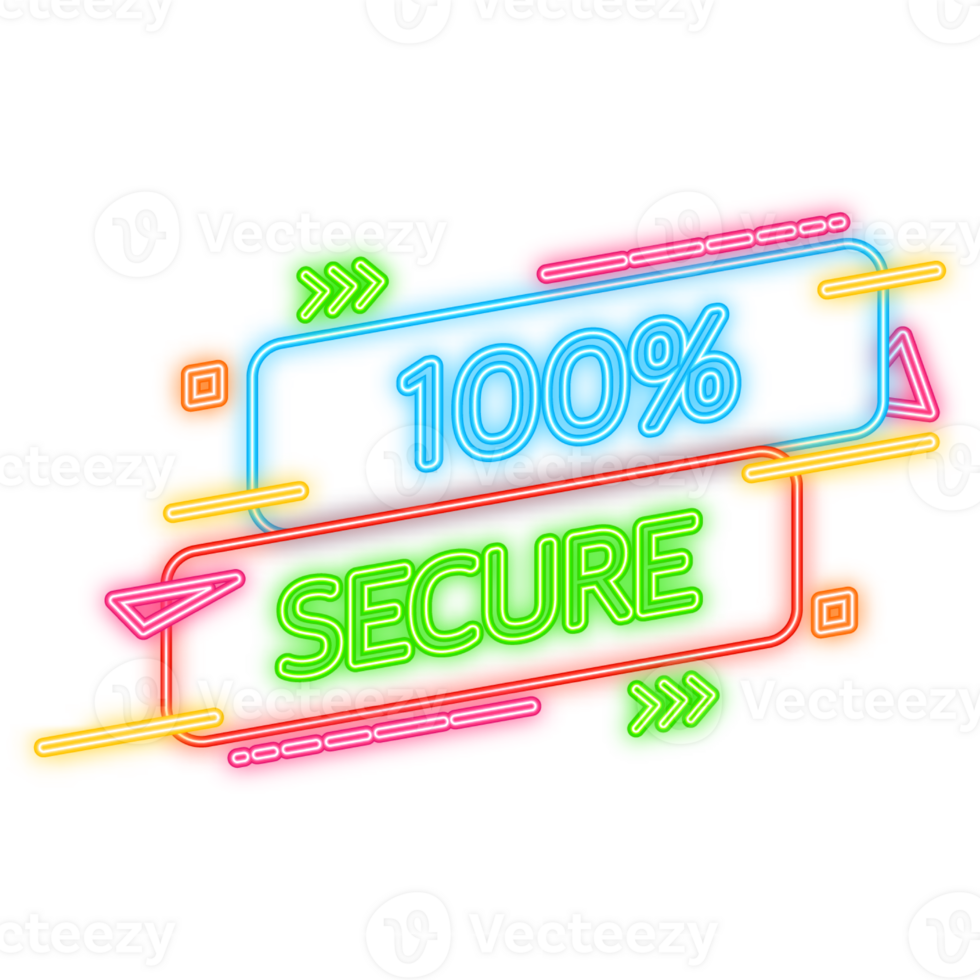 Neon Icon. 100 percent Secure banner stamp. Badge or button for commerce website on blue background. png