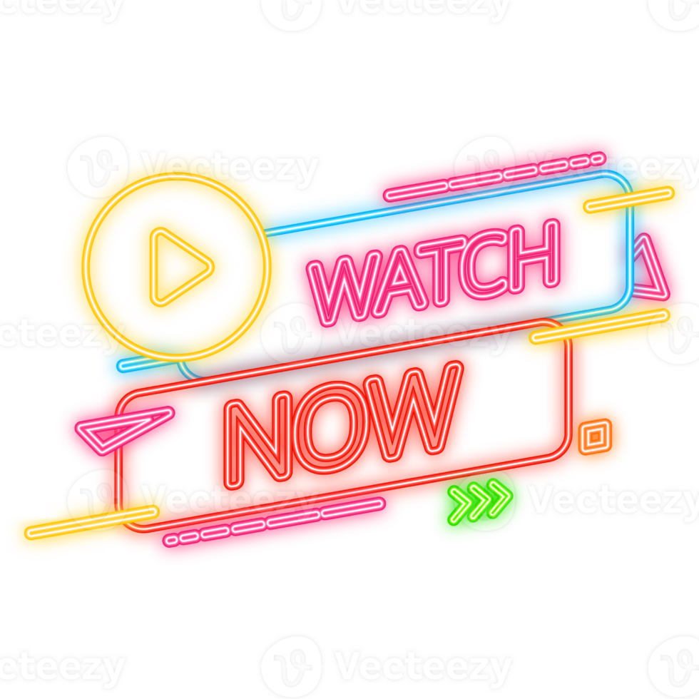 Watch now banner in neon style on dark background. Play . Web media. Online translation. illustration. png