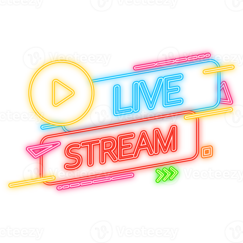 Neon Icon. Live stream logo red design element with play button for news and TV or online broadcasting. png