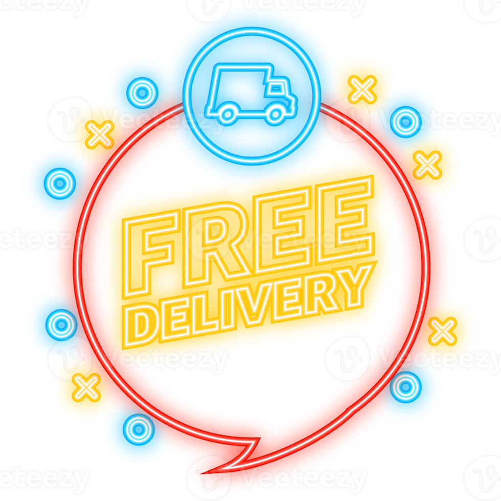 Neon Icon. Free delivery service badge. Free delivery order with car on white background. illustration. png