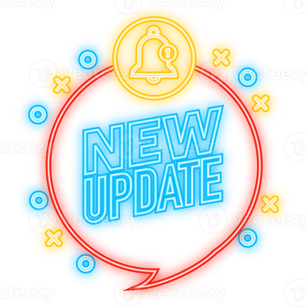 Neon Icon. New update flat label on blue background. Red banner. illustration. png