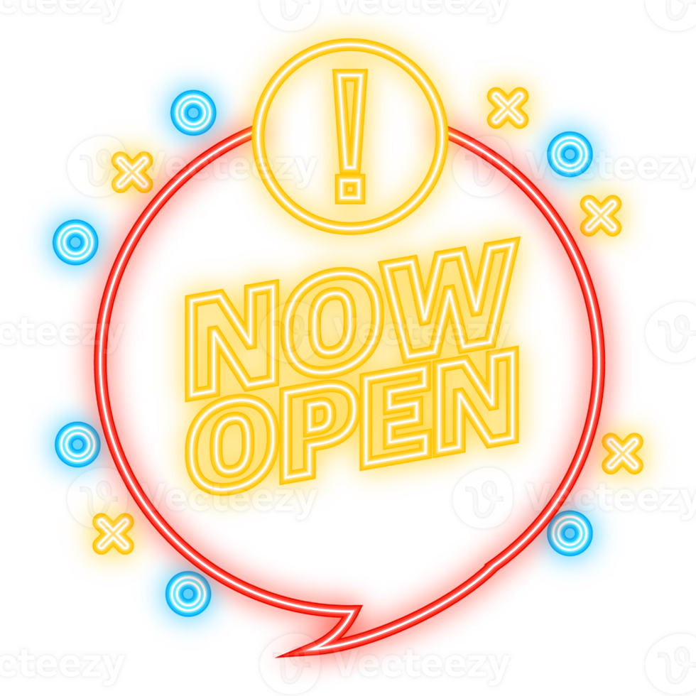 Neon Icon. now open red banner. Label with text in flat style. illustration. png