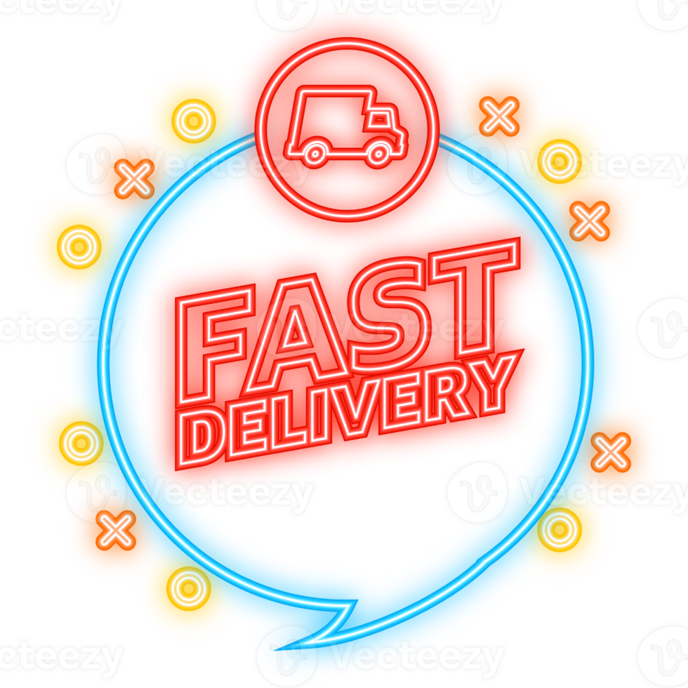 Neon Icon. Fast delivery service badge. Fast delivery order with car on white background. illustration. png