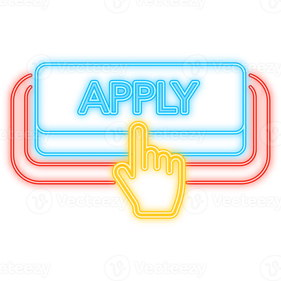 Neon Icon. Icon with blue apply 3D button on white background for web marketing design. illustration png