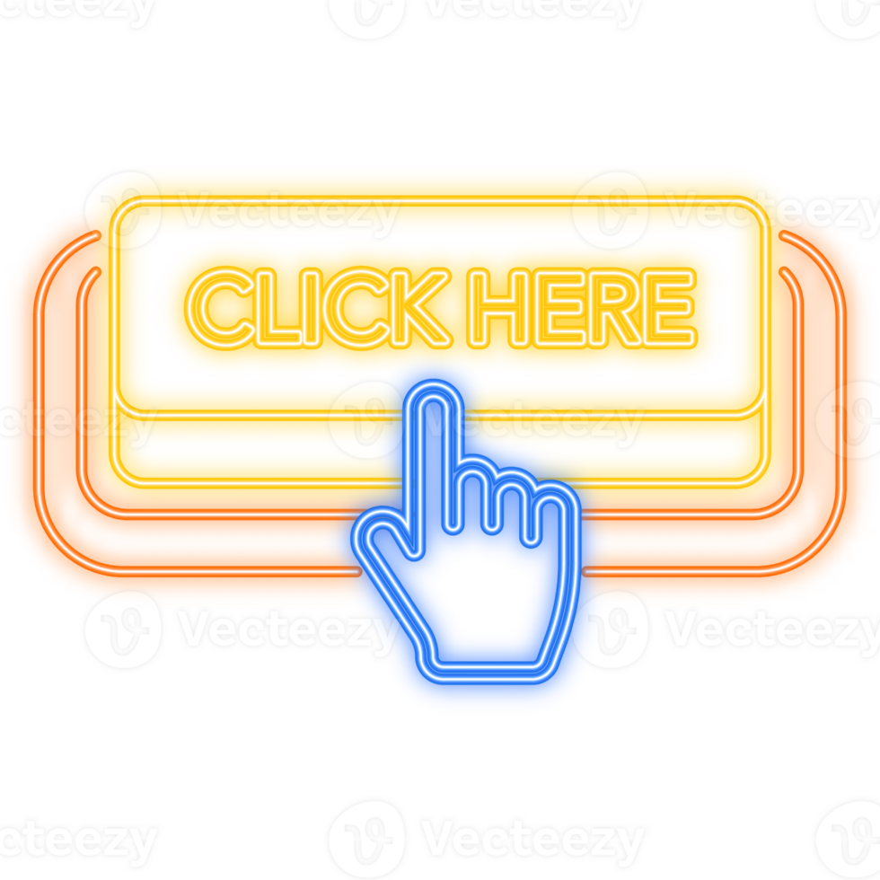 Neon Icon. Icon with yellow click here neon button on white background for web marketing design. illustration png