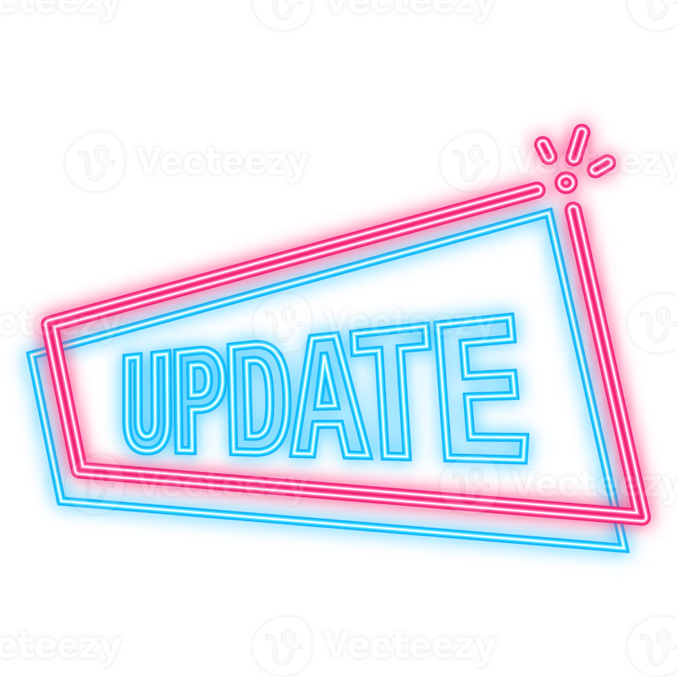 Neon Icon. Update flat label on blue background. Red banner. illustration. png