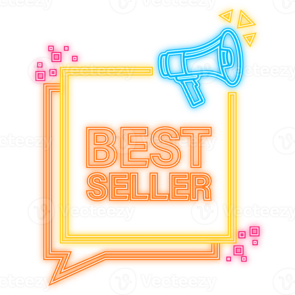 Neon Icon. Best seller yellow megaphone banner on white background. illustration png