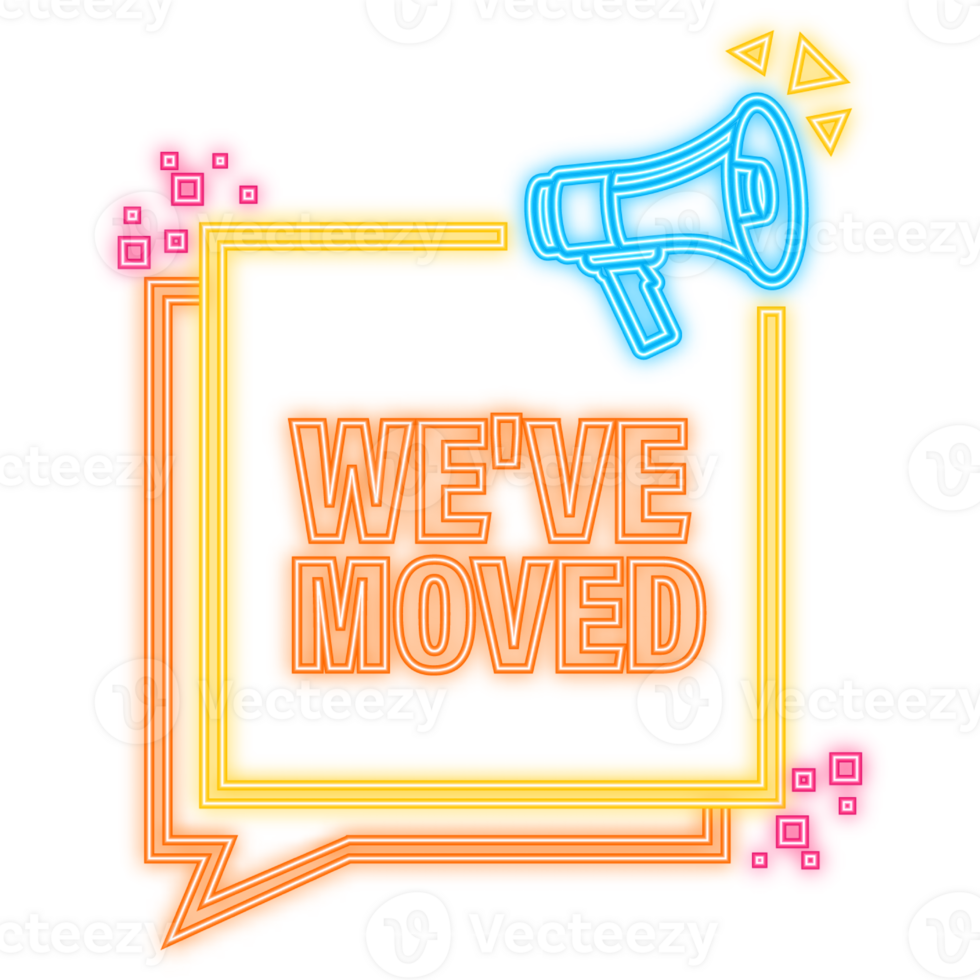 Neon Icon. We have moved megaphone yellow banner in flat style. illustration png