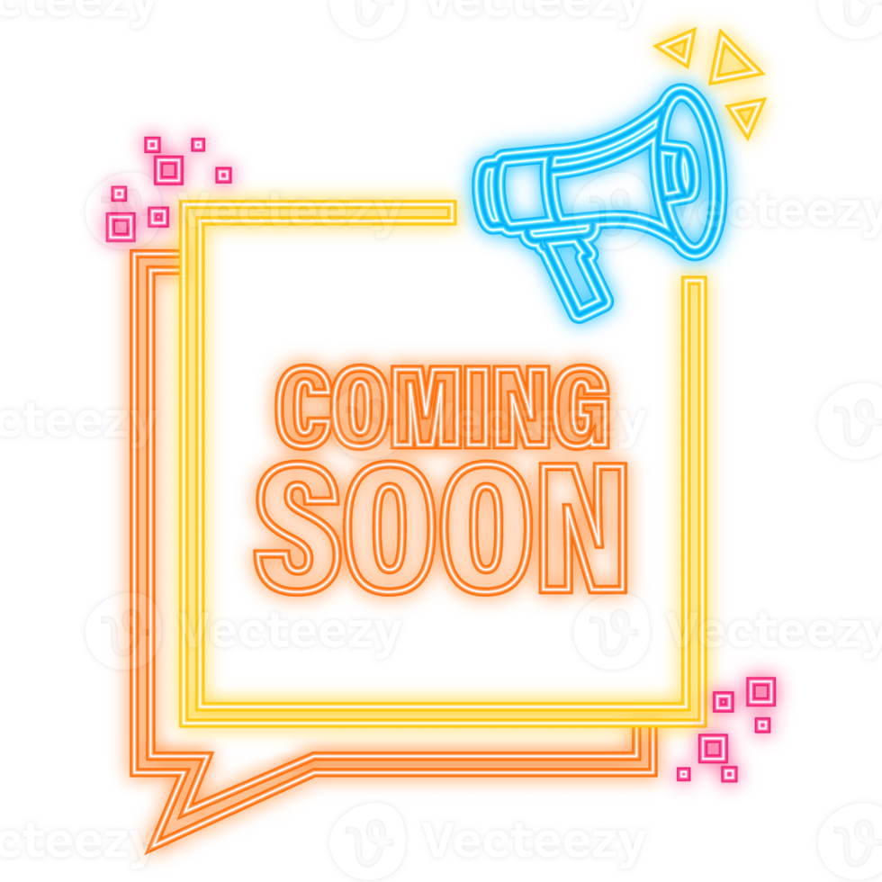 Neon Icon. Coming soon megaphone yellow banner in 3D style on white background. illustration png