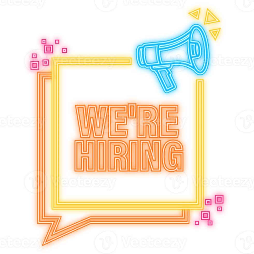 Neon Icon. Hand holding megaphone with We re hiring png