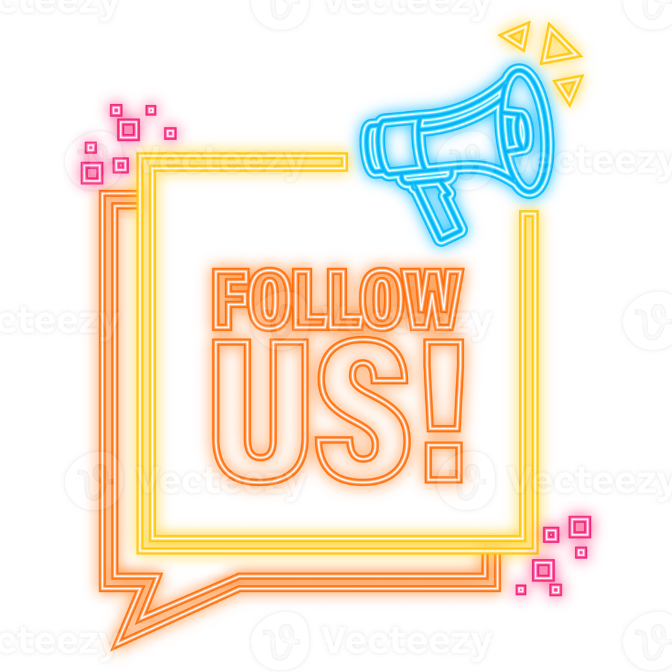 Neon Icon Follow us megaphone blue banner in 3D style on white background. illustration png