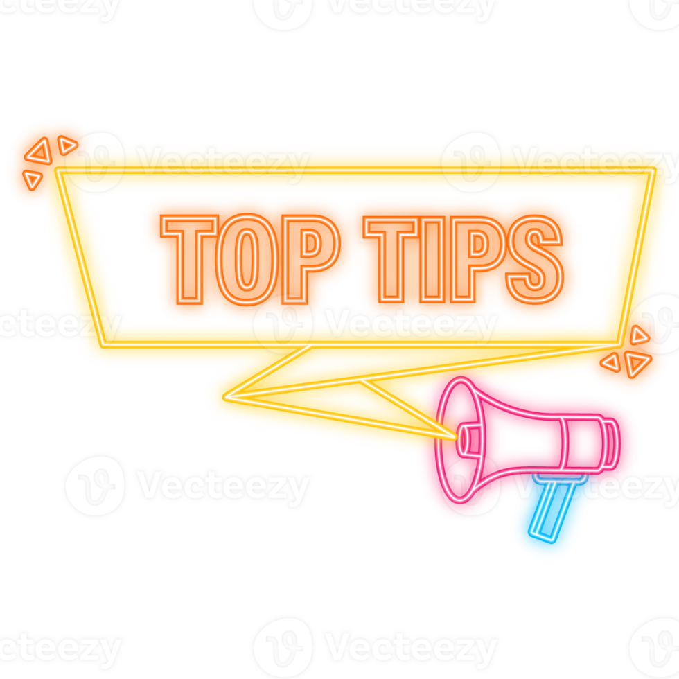 Neon Icon. Top tips megaphone yellow banner in 3D style on white background. illustration png