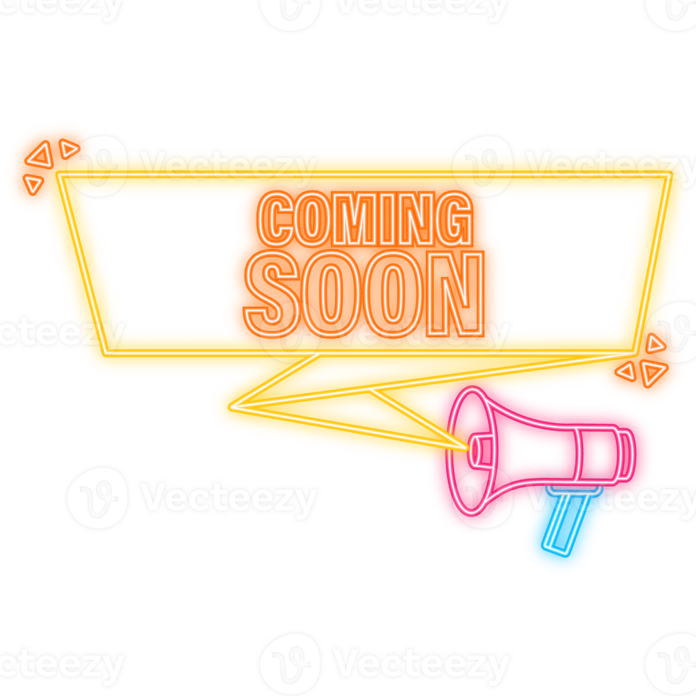 Neon Icon. Coming soon megaphone yellow banner in 3D style on white background. illustration png
