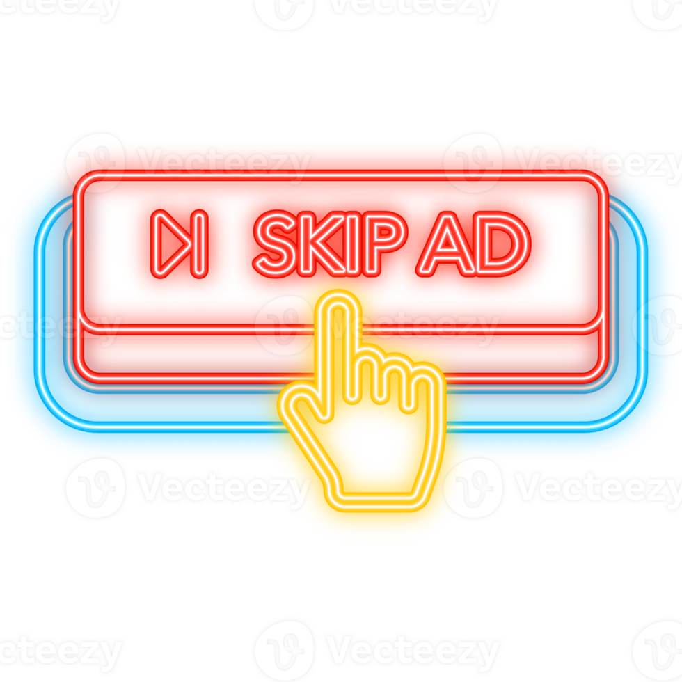 Neon Icon. Skip ad red button on white background. Hand mouse. Flat 3D button. illustration png