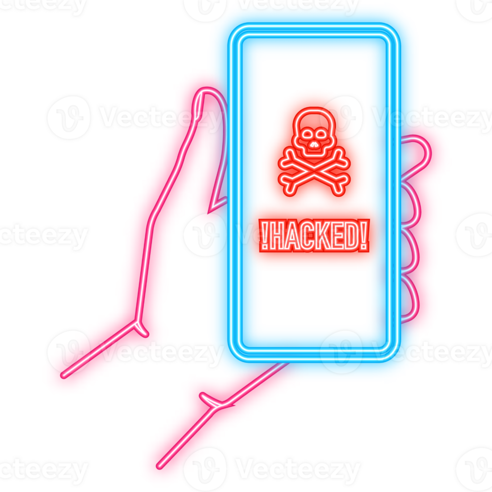Neon Icon. Hacked, great design for any purposes. Internet technology. Cyber crime, hacker attack. Phishing scam. png