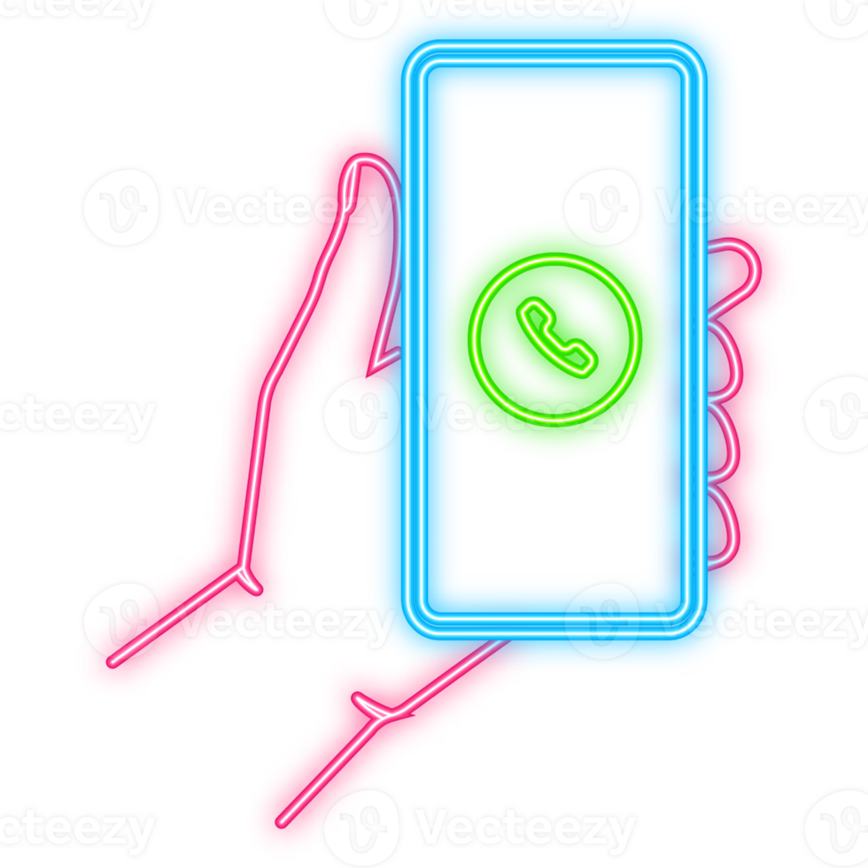 Neon Icon. Hand holds phone with call Incoming on green screen on green background. illustration png