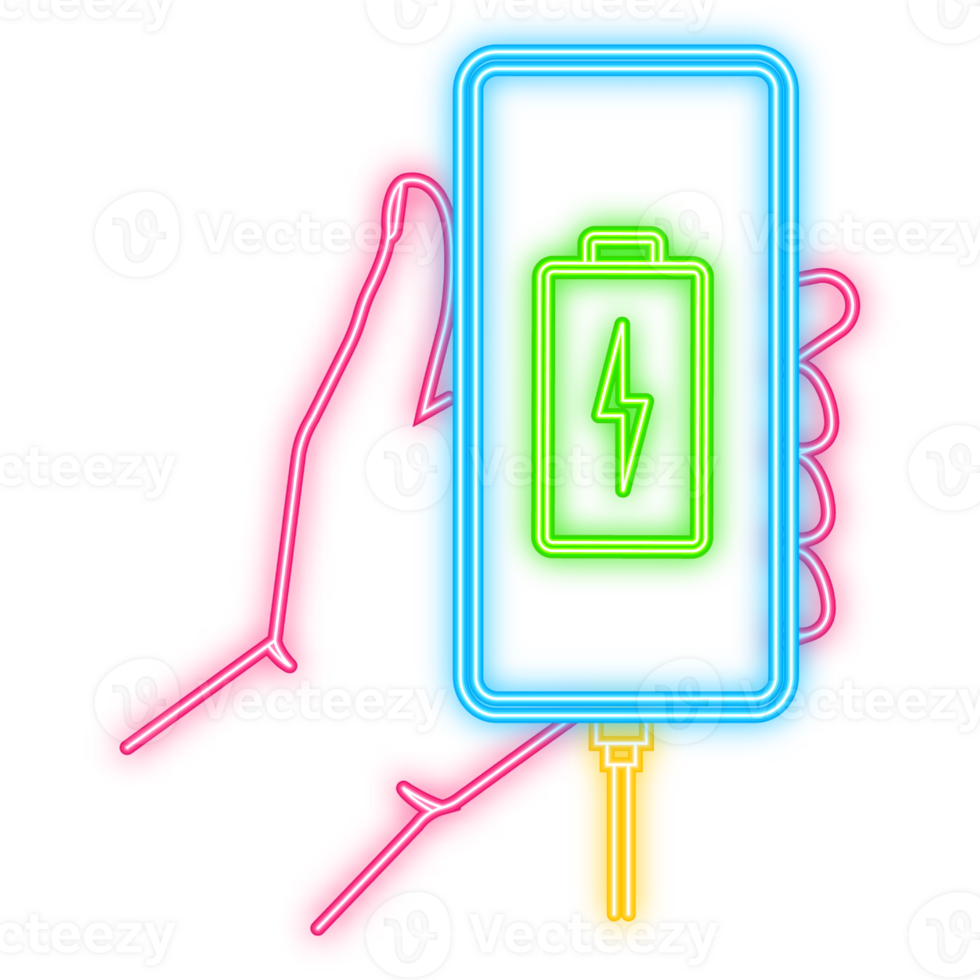 Neon Icon. Discharged charged battery smartphone infographic. Isolated on green background png