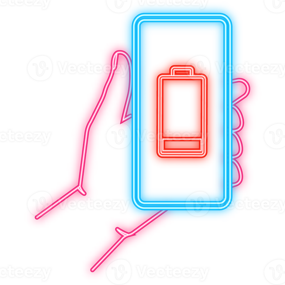 Neon Icon. Discharged charged battery smartphone infographic. Isolated on red background png