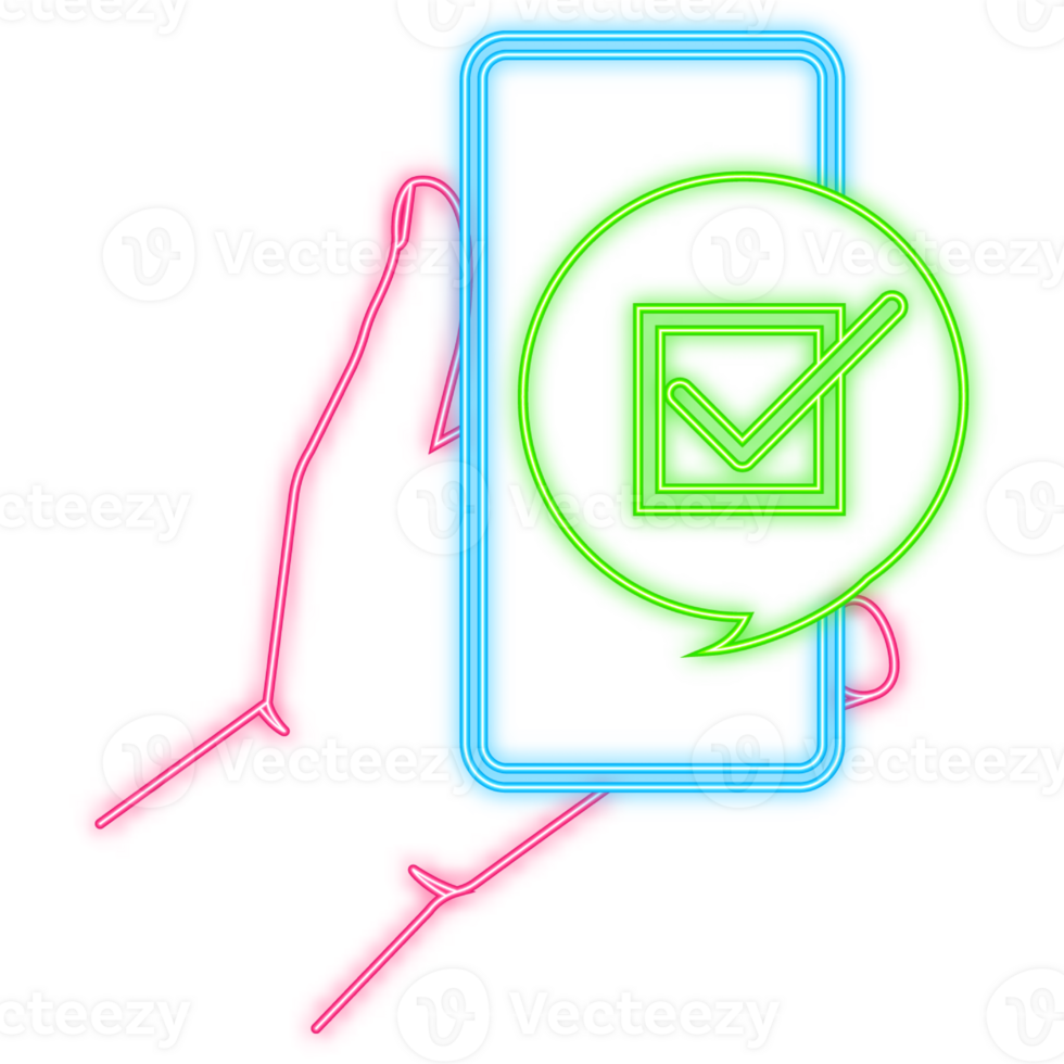 Neon Icon. Hand holds phone with check mark on screen on green background. illustration png