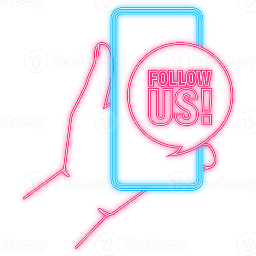 Neon Icon. Follow us smartphone banner in neon style on white background. illustration png