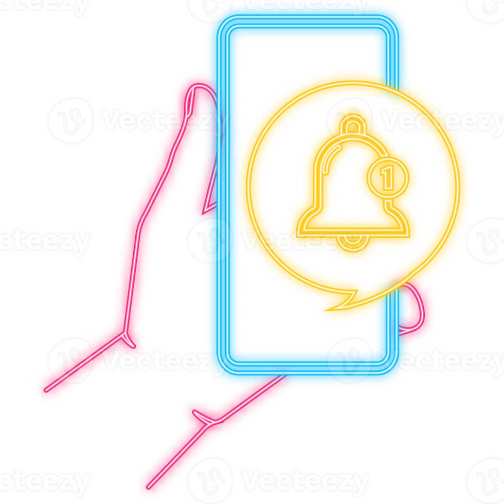 Neon Icon. Flat template with bell alert and smartphone on blue background for mobile app design. Application interface. Comment sign symbol. illustration. png