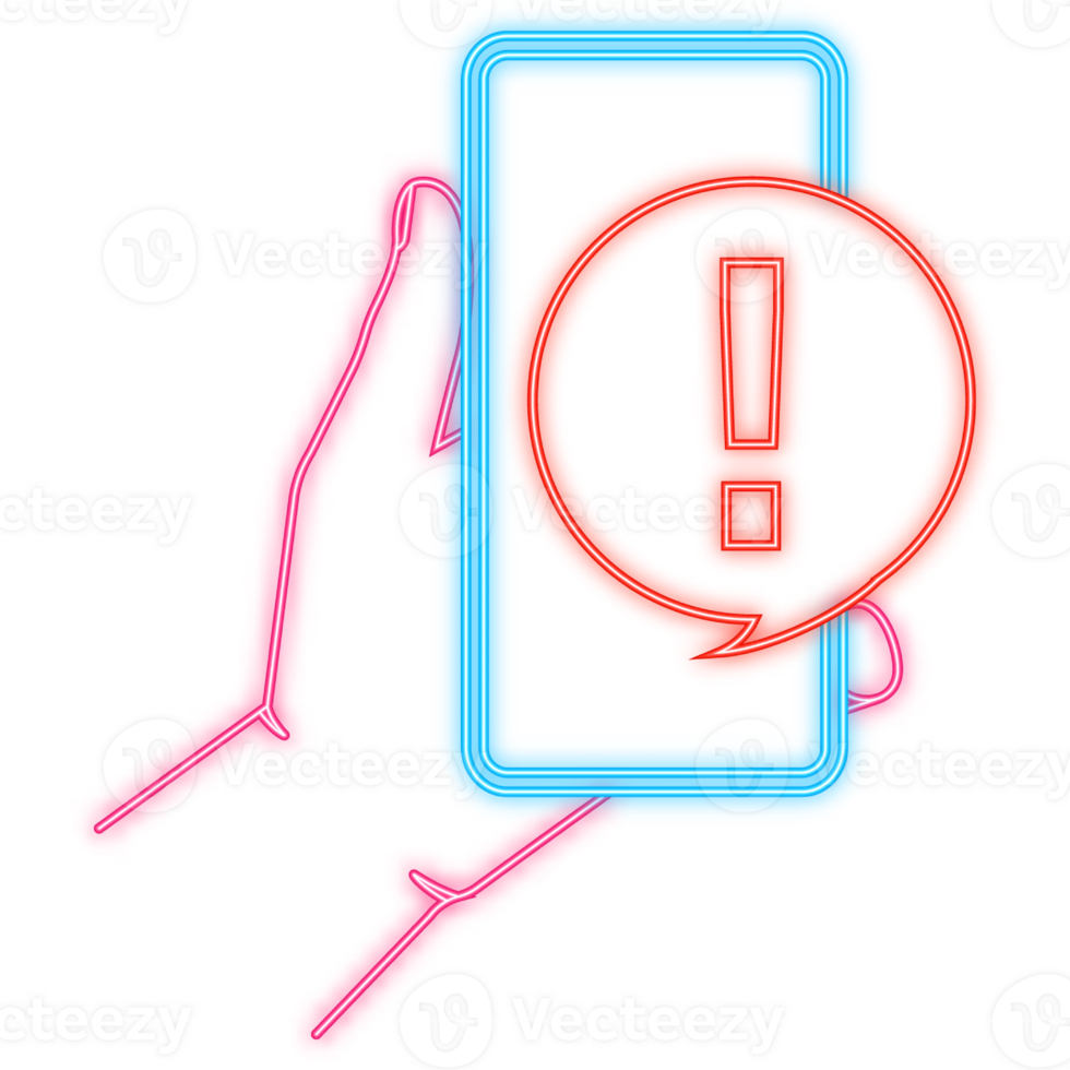 Neon Icon. Hand holds phone with danger sign on screen on red background. illustration png