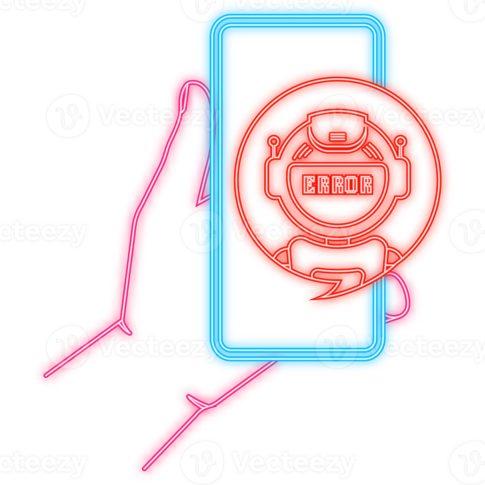 Neon Icon. Error chatbot glyph icon. Silhouette symbol. Talkbot with error in speech bubble. Error bot. Artificial intelligence png